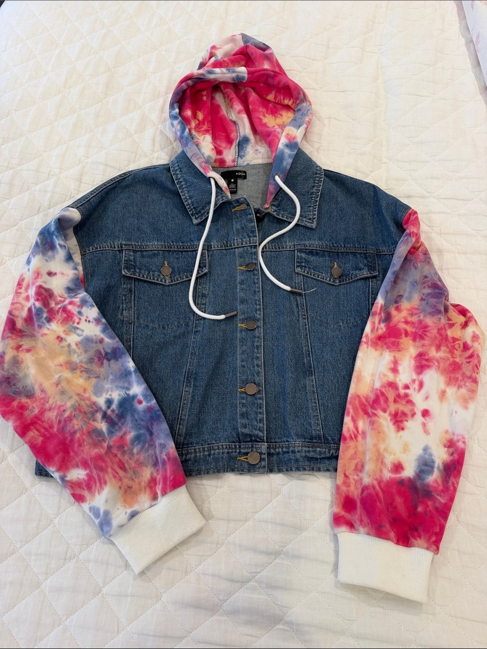 Aqua Denim Jacket with Pink, Blue & Yellow Tie-Dye Hooded Sleeves